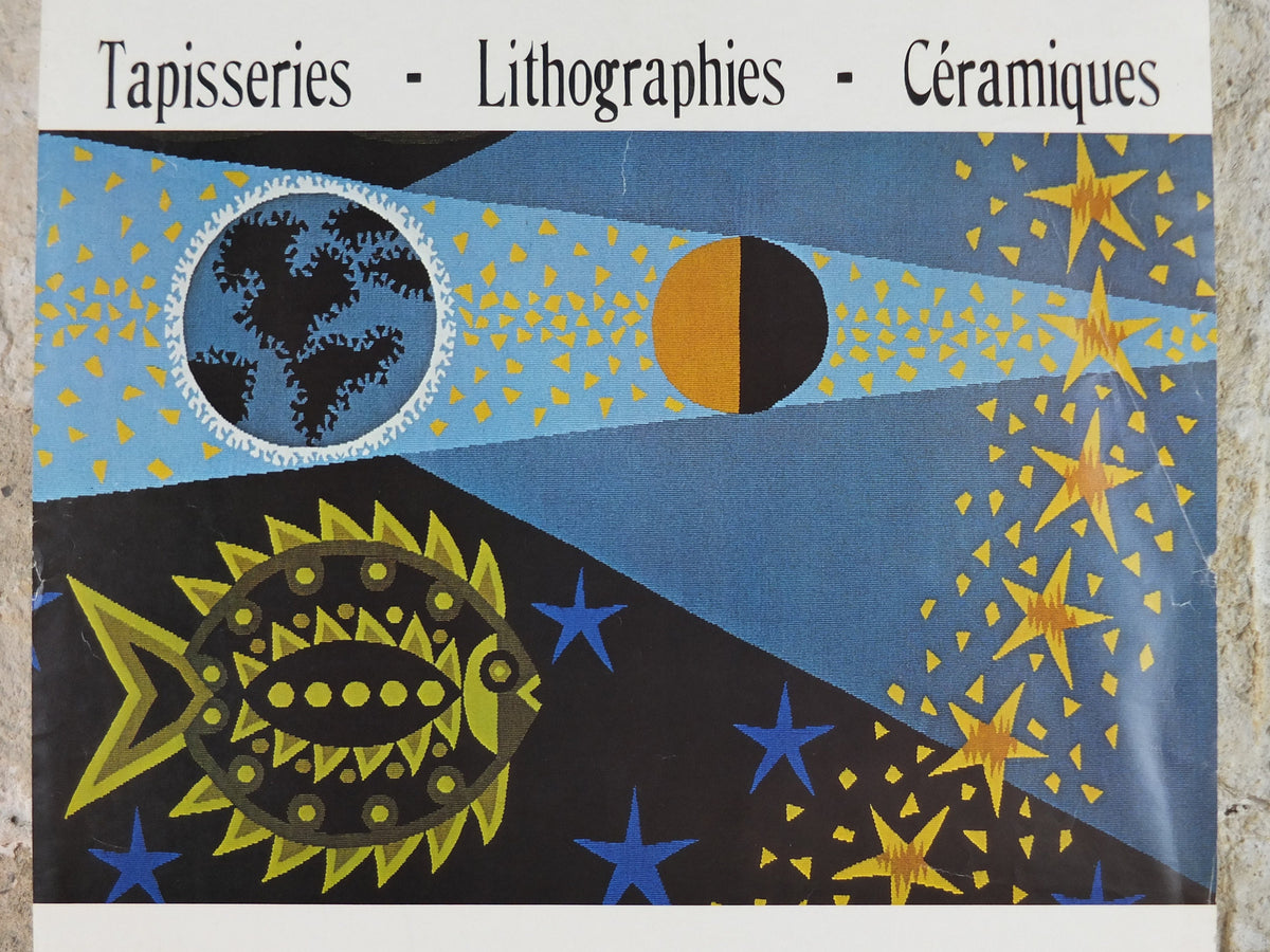 1977 Jean Picart Le Doux Poster, planets, moon, lots of stars, fish and eclipse, French painter, wall art decor