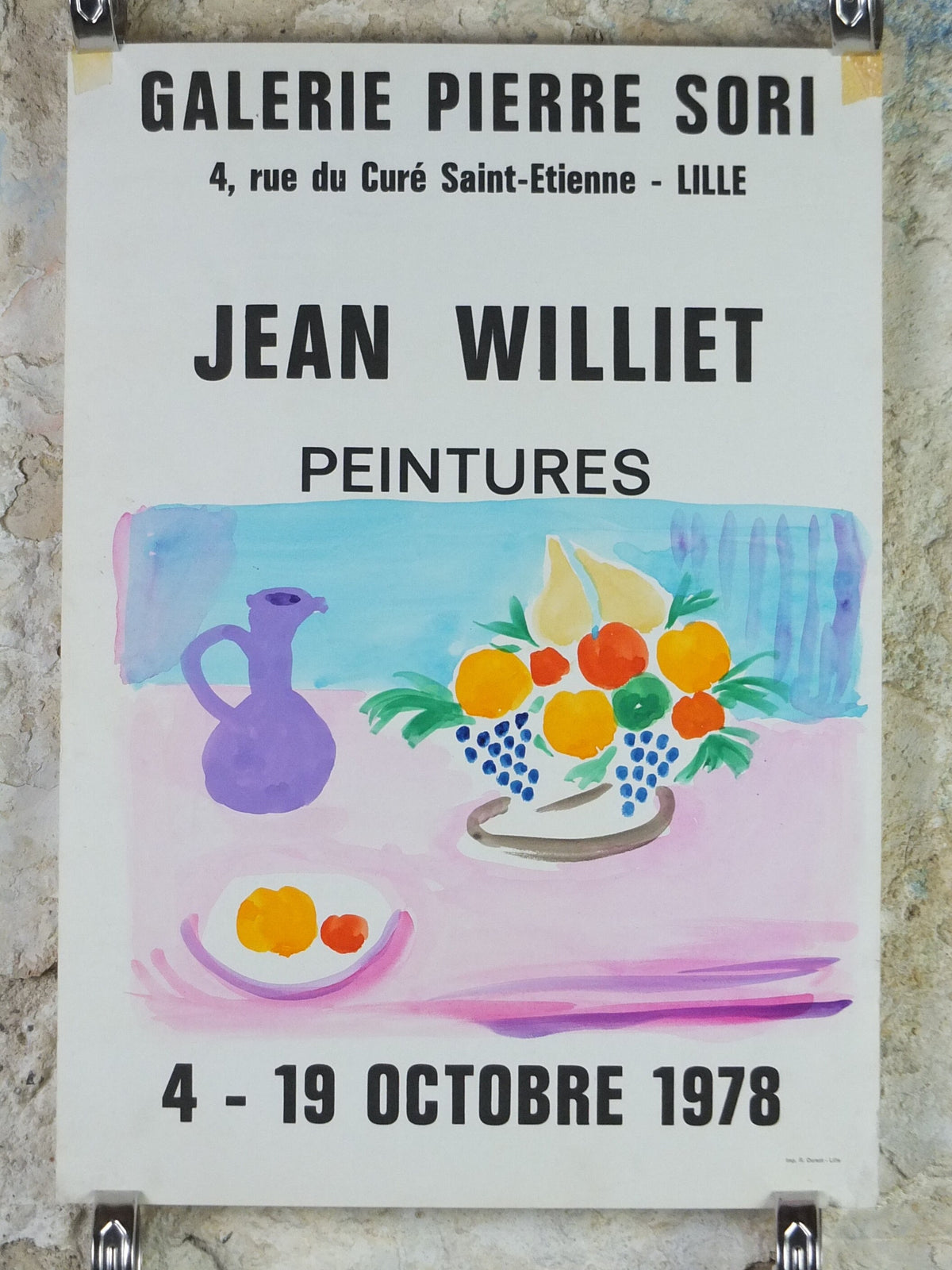 1978 Jean Williet Poster, still life with peaches and oranges, and grapes, artist gallery exhibition, wall art decor