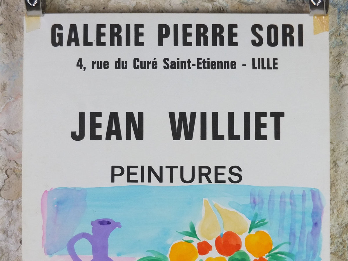 1978 Jean Williet Poster, still life with peaches and oranges, and grapes, artist gallery exhibition, wall art decor