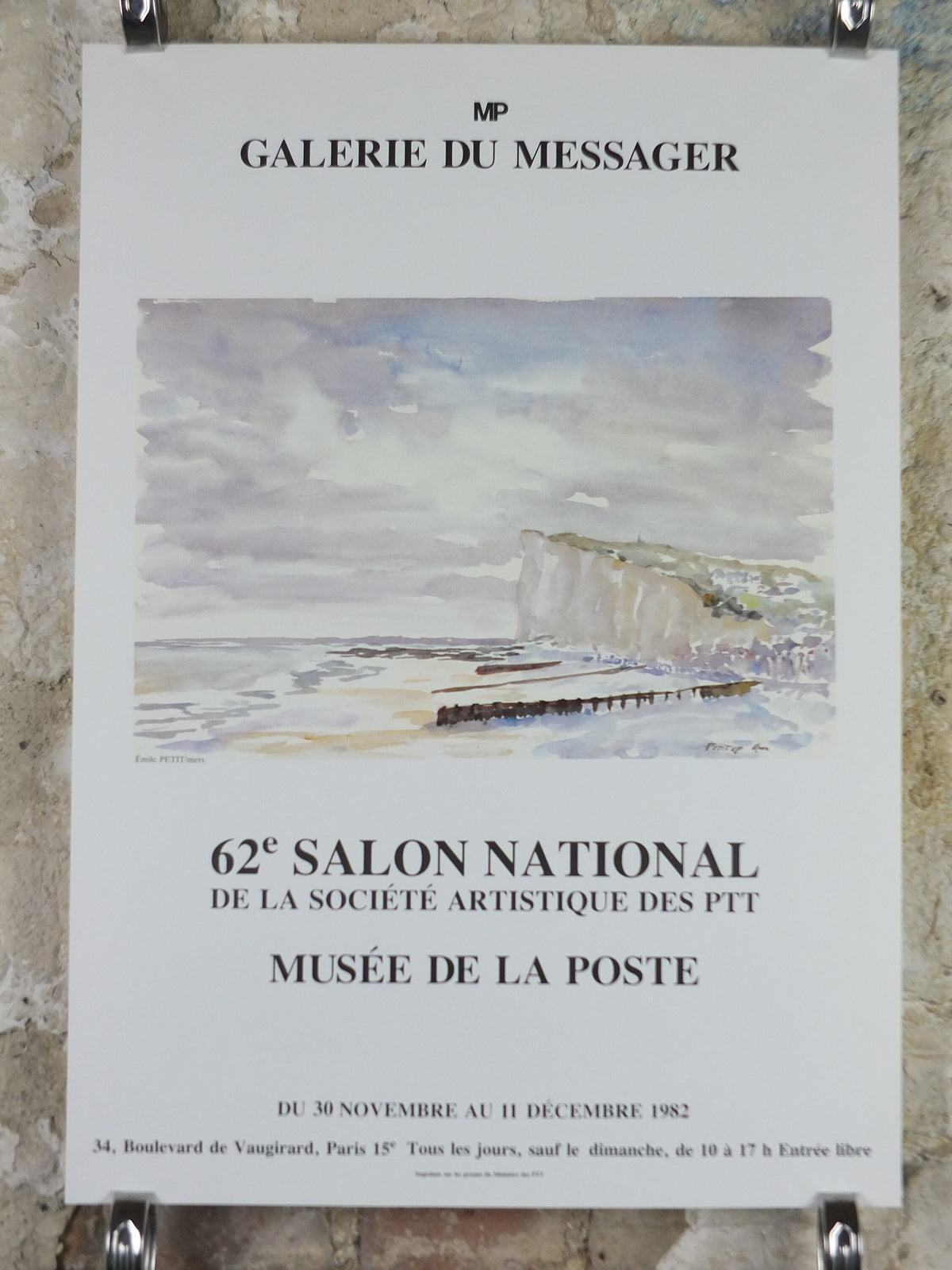 1982 Emile Petit Poster, White Cliffs Seascape, Ministry of Post and Communications, Paris, artist gallery exhibition, wall art decor