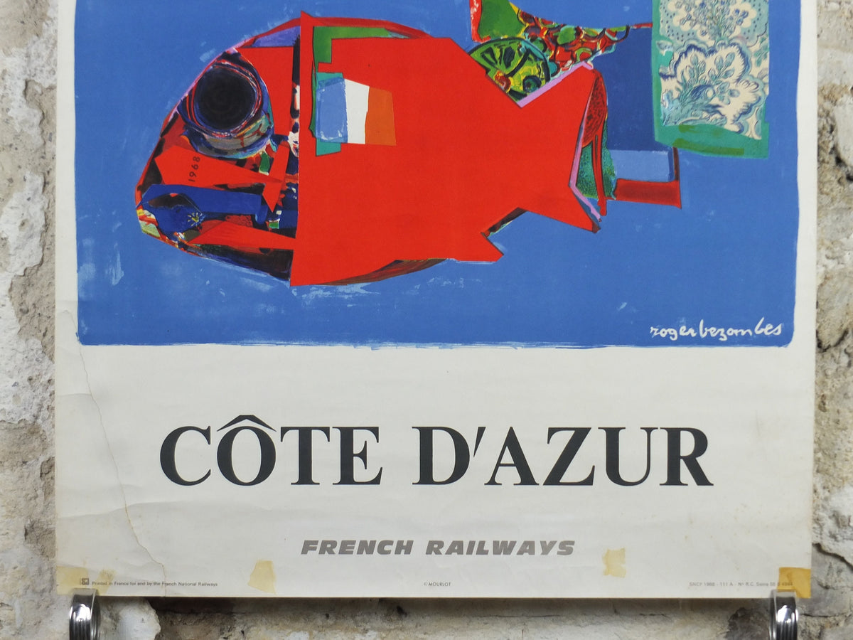1968 SNCF Cote d'Azur Poster, French Riviera travel poster from Côte d'Azur, by Roger Bezombes, wall art retro decor