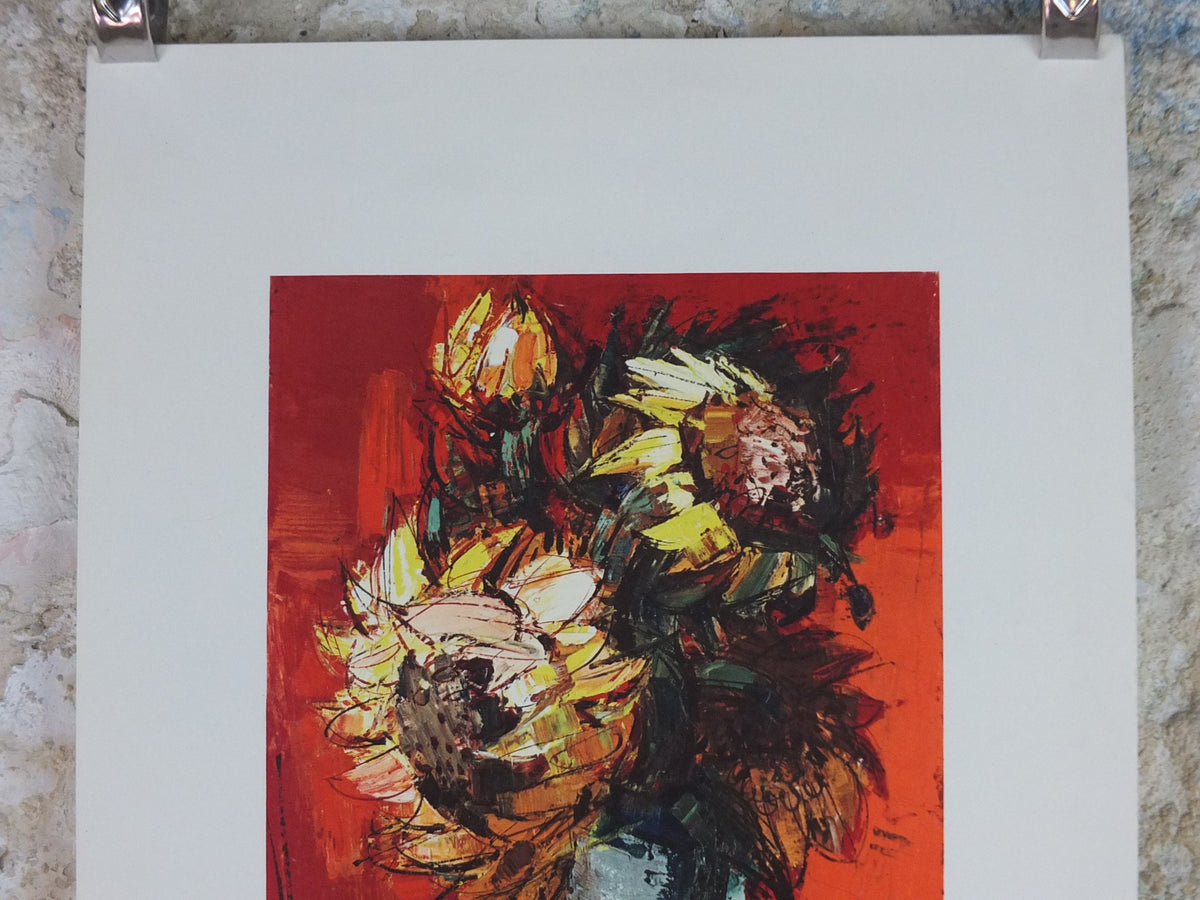 1962 Rodolphe Caillaux Poster, still life vase with sunflowers, French Modernist, artist gallery exhibition, wall art decor