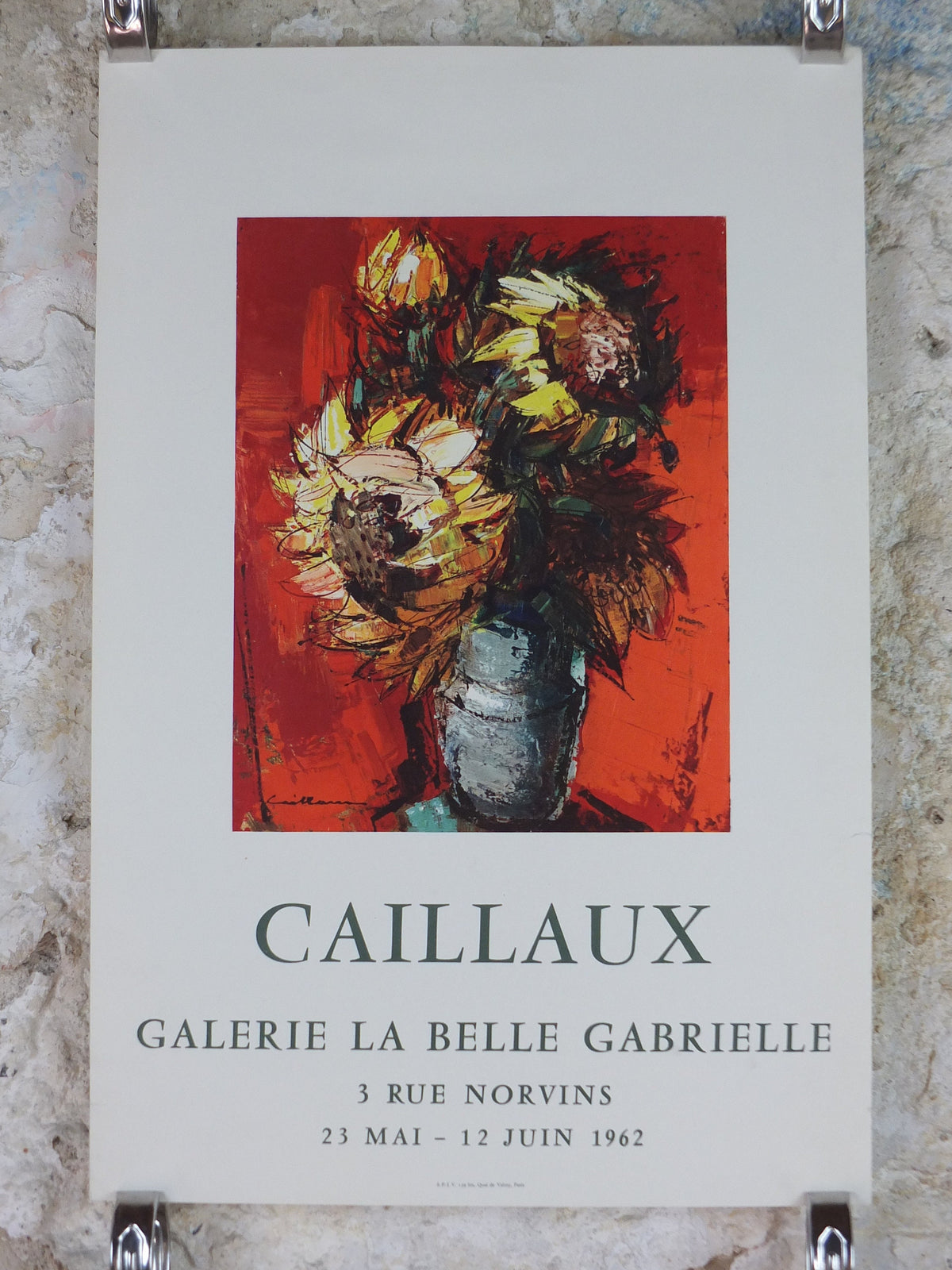 1962 Rodolphe Caillaux Poster, still life vase with sunflowers, French Modernist, artist gallery exhibition, wall art decor