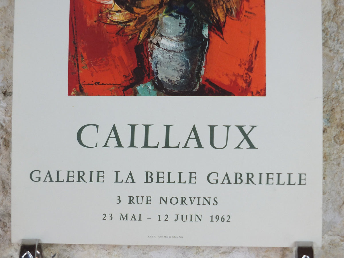 1962 Rodolphe Caillaux Poster, still life vase with sunflowers, French Modernist, artist gallery exhibition, wall art decor