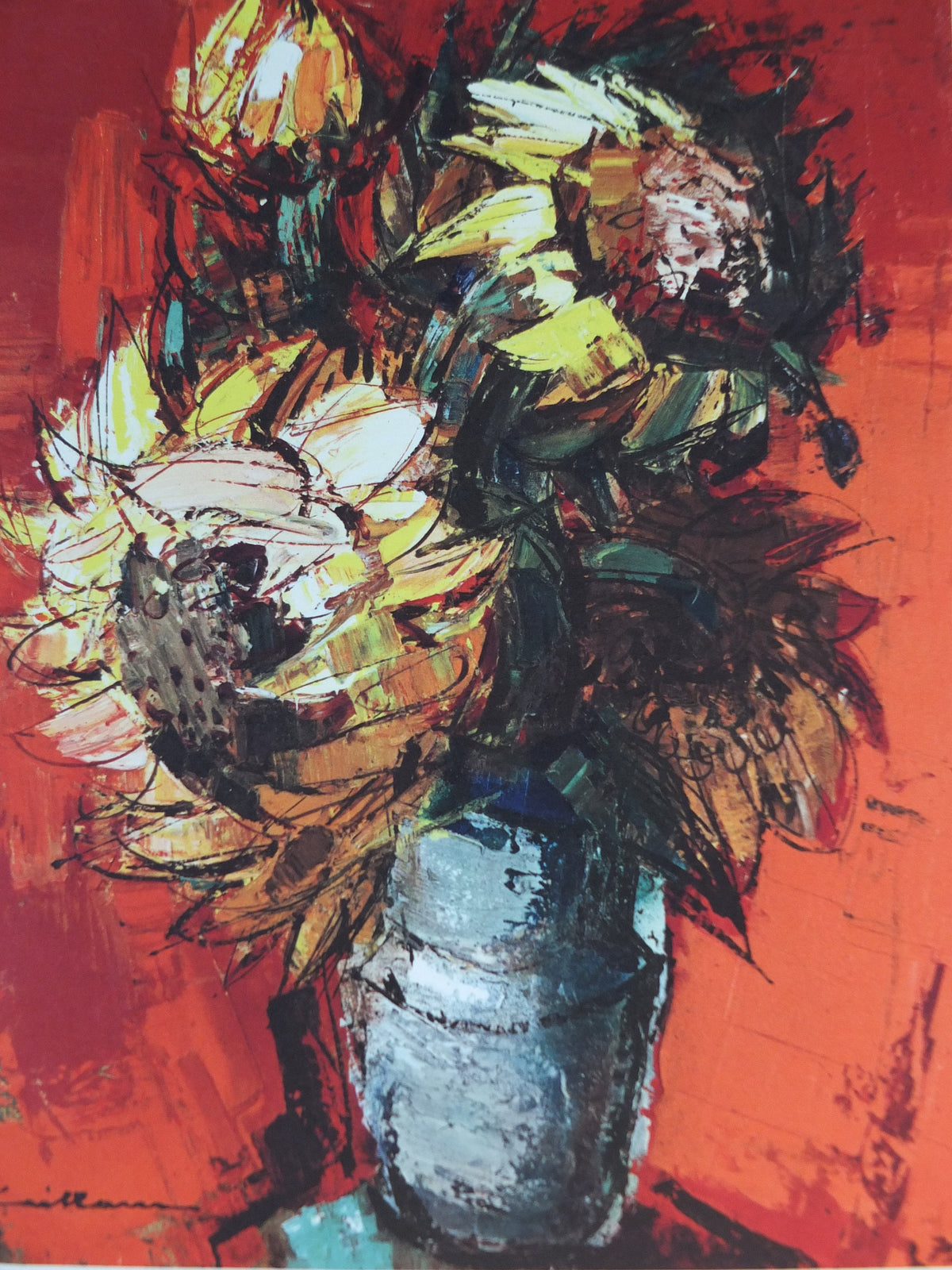 1962 Rodolphe Caillaux Poster, still life vase with sunflowers, French Modernist, artist gallery exhibition, wall art decor