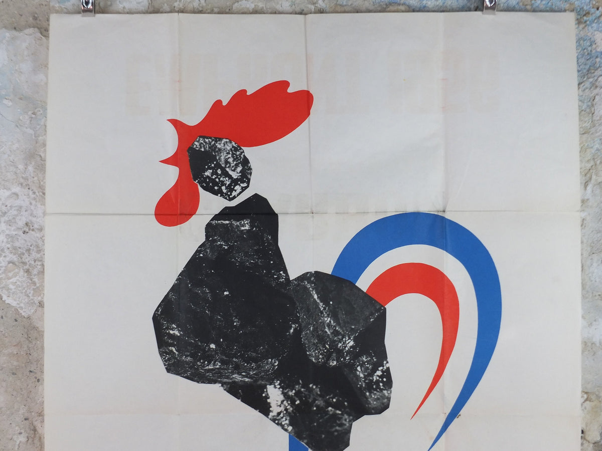 1955 Coal mining- Charbon Richesse Nationale Poster, Tricolour Rooster, RL Dupuy, French Energy Industry, fossil fuel Bonds, wall art decor
