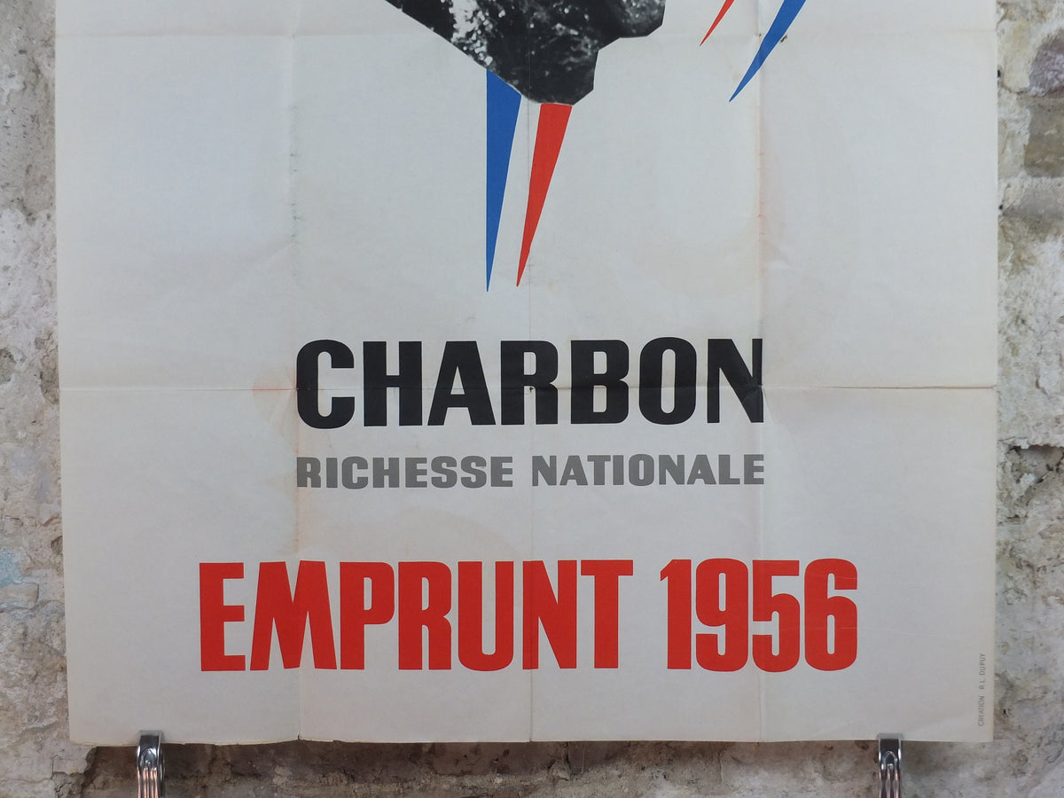 1955 Coal mining- Charbon Richesse Nationale Poster, Tricolour Rooster, RL Dupuy, French Energy Industry, fossil fuel Bonds, wall art decor