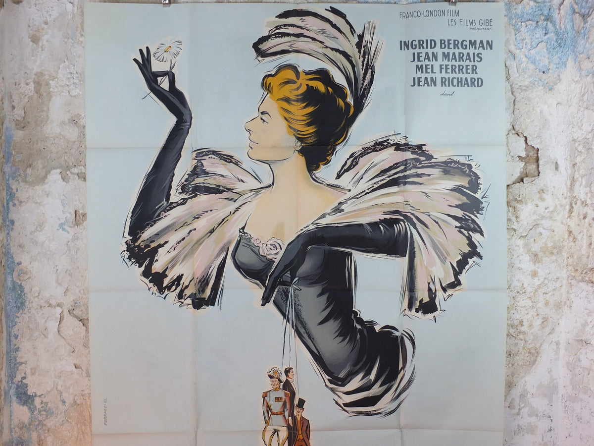 1956 Elena and her Men Poster, Ingrid Bergman, original Vintage French "Grande" size, Elena et les Hommes, beautiful powder grey/blue