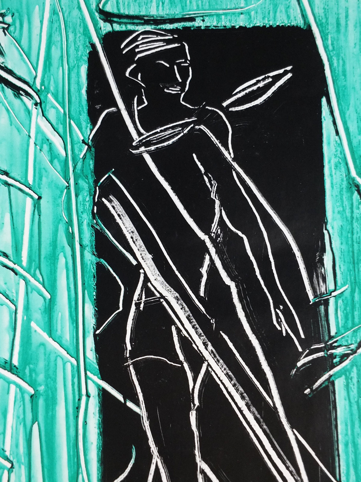 1985 Bruce McLean Poster, drawing of tradesman in teal and cyan, Tate Gallery London, art gallery exhibition, wall art decor
