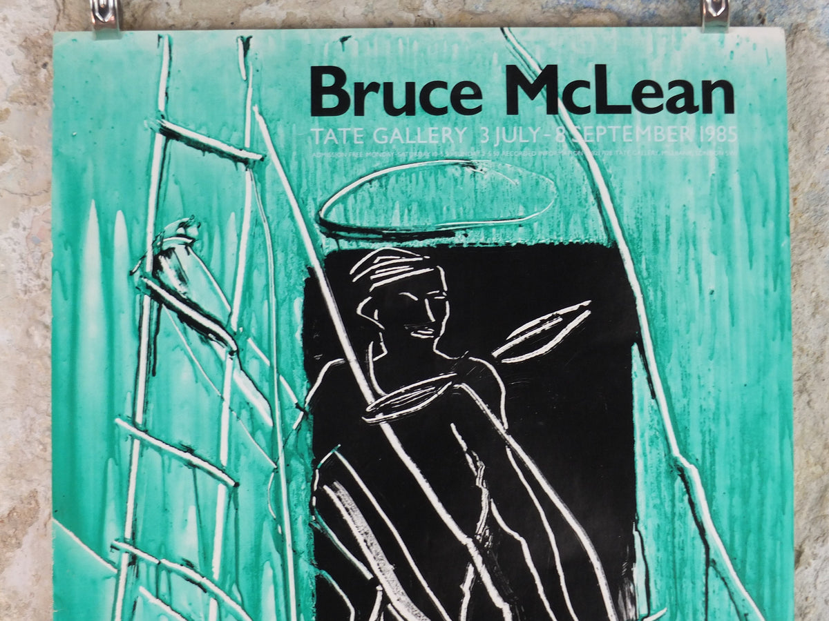 1985 Bruce McLean Poster, drawing of tradesman in teal and cyan, Tate Gallery London, art gallery exhibition, wall art decor