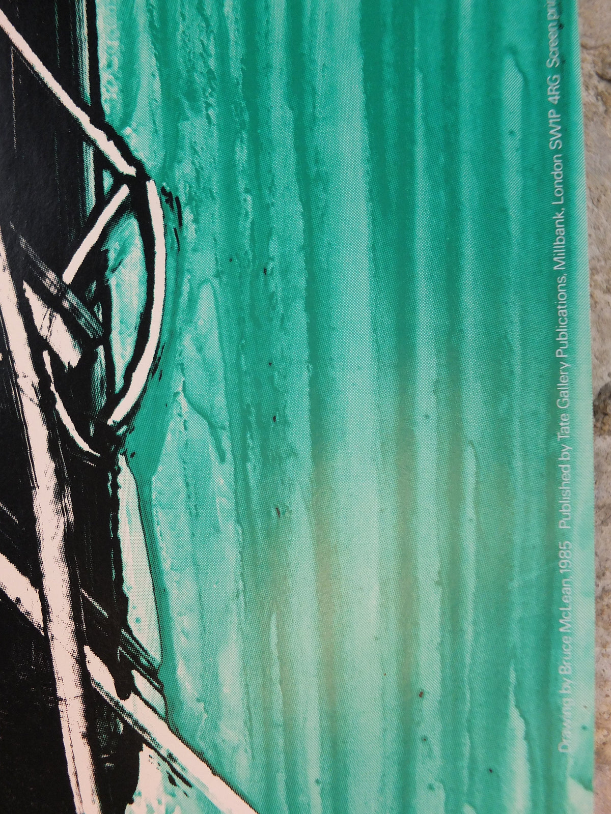 1985 Bruce McLean Poster, drawing of tradesman in teal and cyan, Tate Gallery London, art gallery exhibition, wall art decor