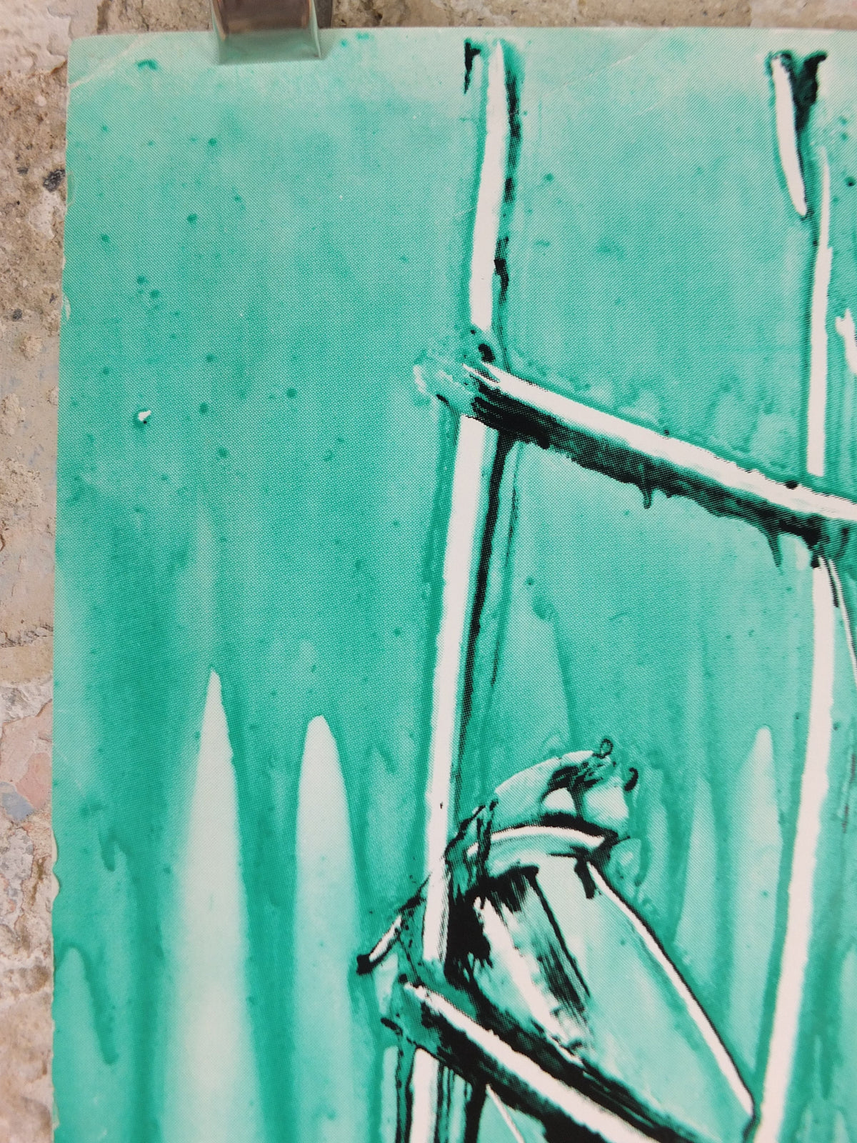 1985 Bruce McLean Poster, drawing of tradesman in teal and cyan, Tate Gallery London, art gallery exhibition, wall art decor