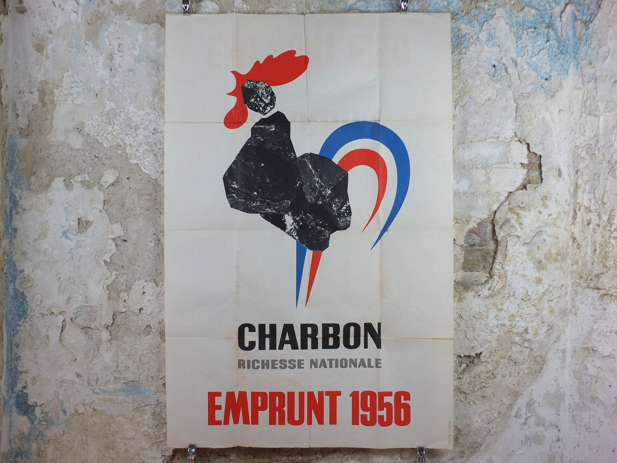 1955 Coal mining- Charbon Richesse Nationale Poster, Tricolour Rooster, RL Dupuy, French Energy Industry, fossil fuel Bonds, wall art decor