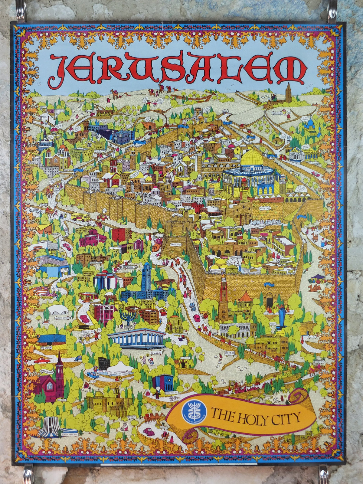 1973 Jerusalem Poster, The Holy City by Roy Bishop, Israel's 25th Anniversary Year, Travel tourism wall art decor