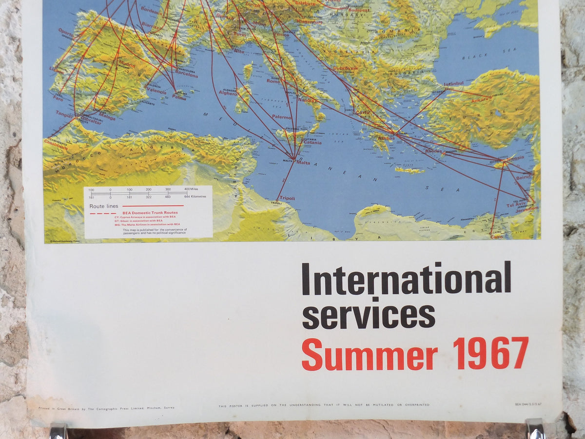 1967 BEA Europe Route Map Poster, British European Airways, Original Vintage Summer 1967, air travel tourism, wall art retro decor