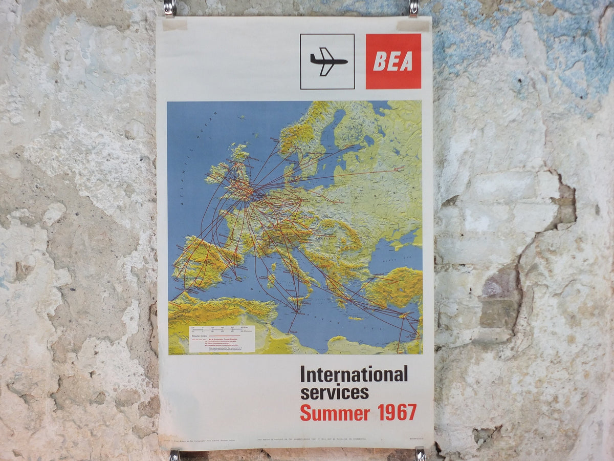 1967 BEA Europe Route Map Poster, British European Airways, Original Vintage Summer 1967, air travel tourism, wall art retro decor