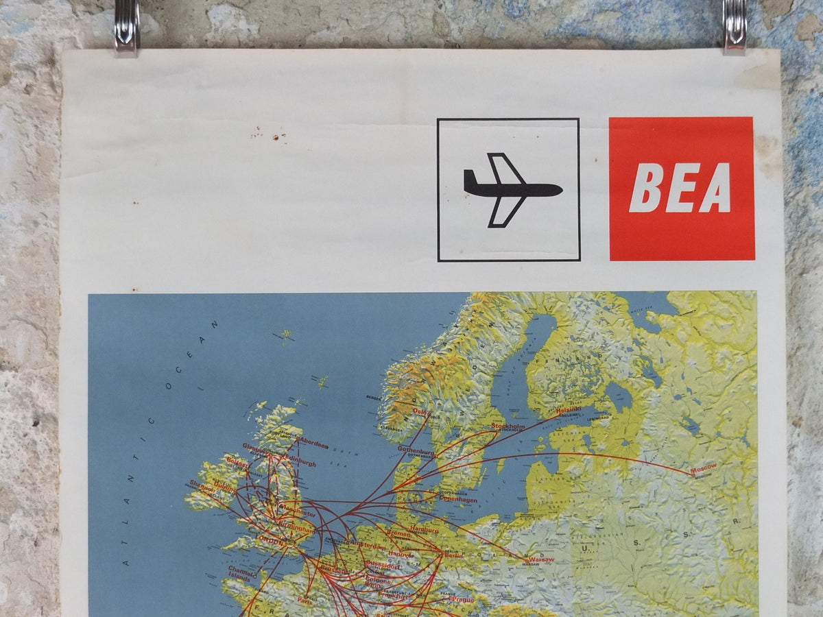 1967 BEA Europe Route Map Poster, British European Airways, Original Vintage Winter 1967-68, air travel tourism, wall art retro decor
