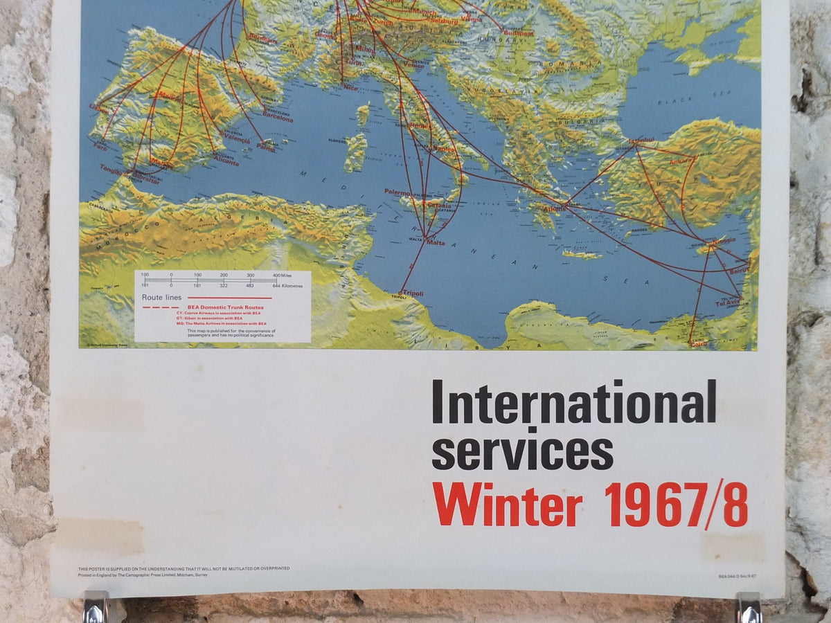 1967 BEA Europe Route Map Poster, British European Airways, Original Vintage Winter 1967-68, air travel tourism, wall art retro decor