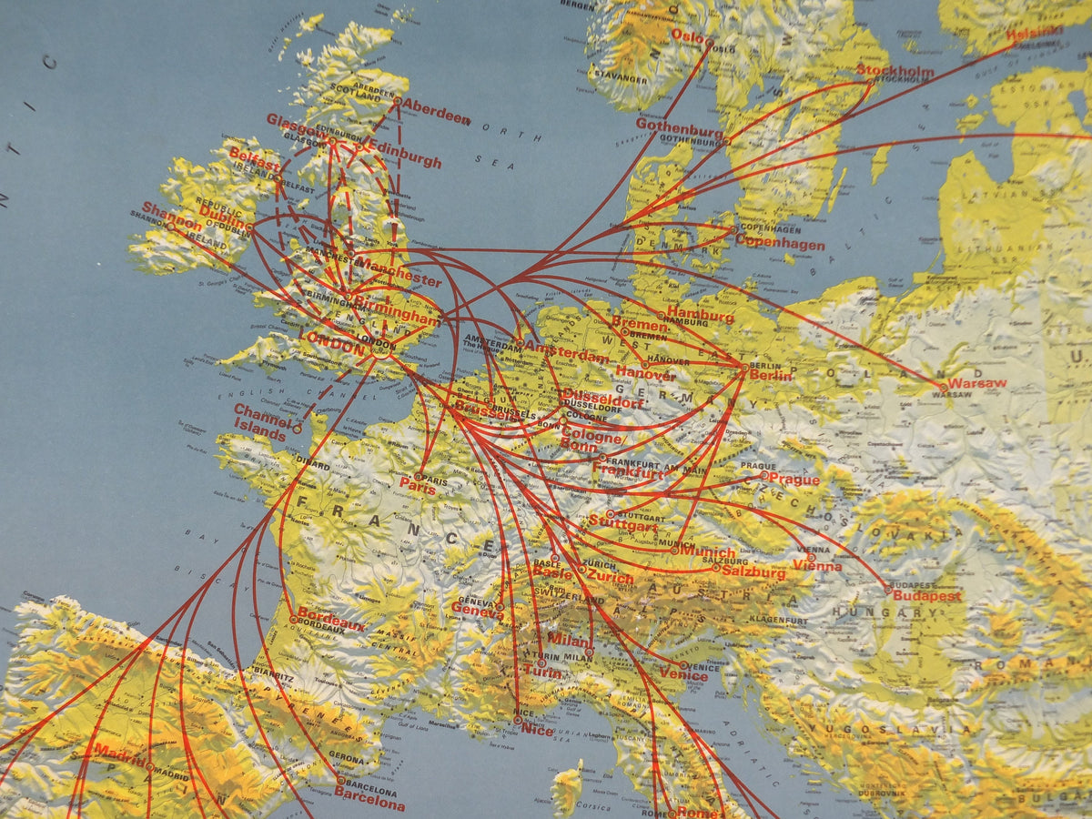 1967 BEA Europe Route Map Poster, British European Airways, Original Vintage Winter 1967-68, air travel tourism, wall art retro decor