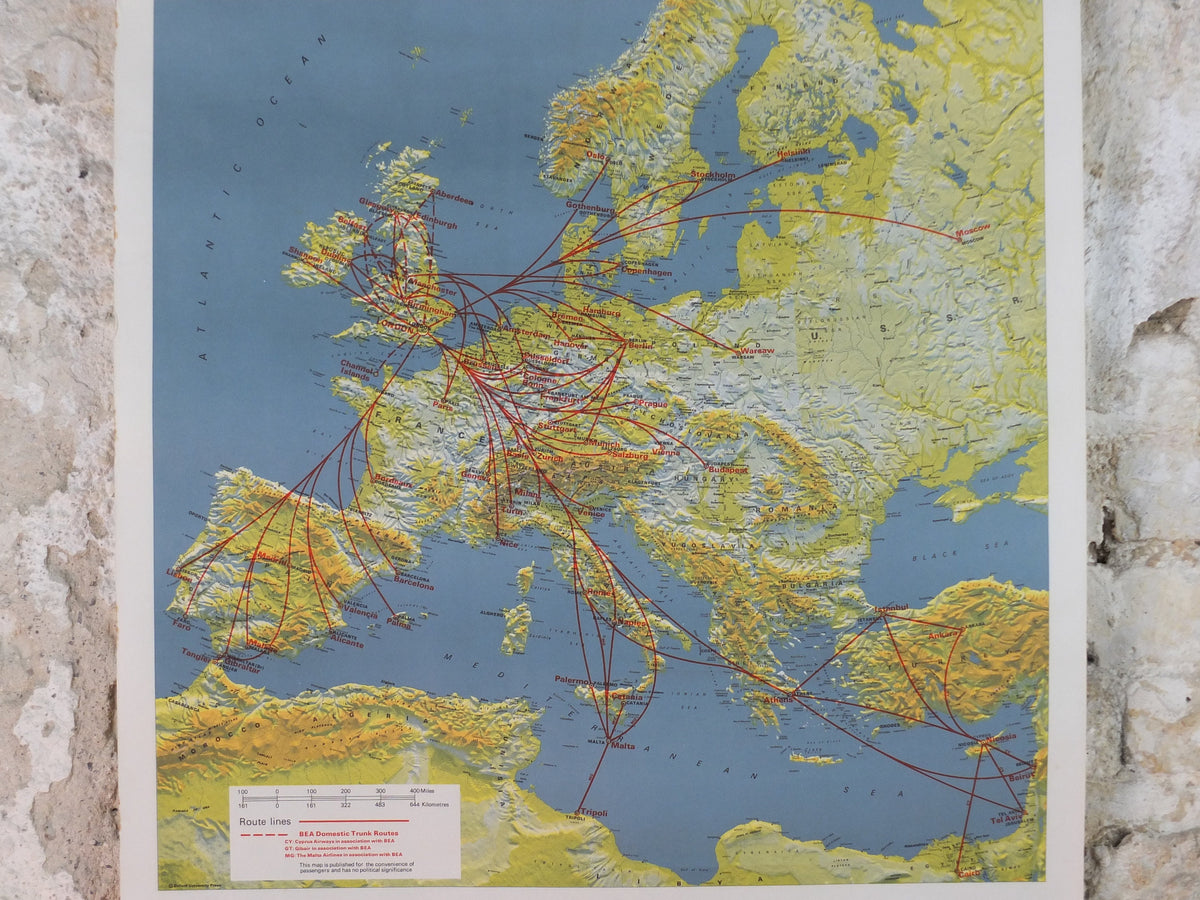 1967 BEA Europe Route Map Poster, British European Airways, Original Vintage Winter 1967-68, air travel tourism, wall art retro decor