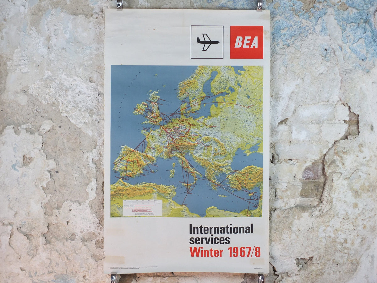 1967 BEA Europe Route Map Poster, British European Airways, Original Vintage Winter 1967-68, air travel tourism, wall art retro decor
