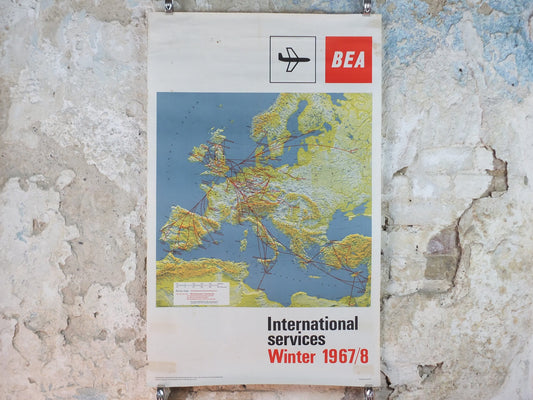 1967 BEA Europe Route Map Poster, British European Airways, Original Vintage Winter 1967-68, air travel tourism, wall art retro decor