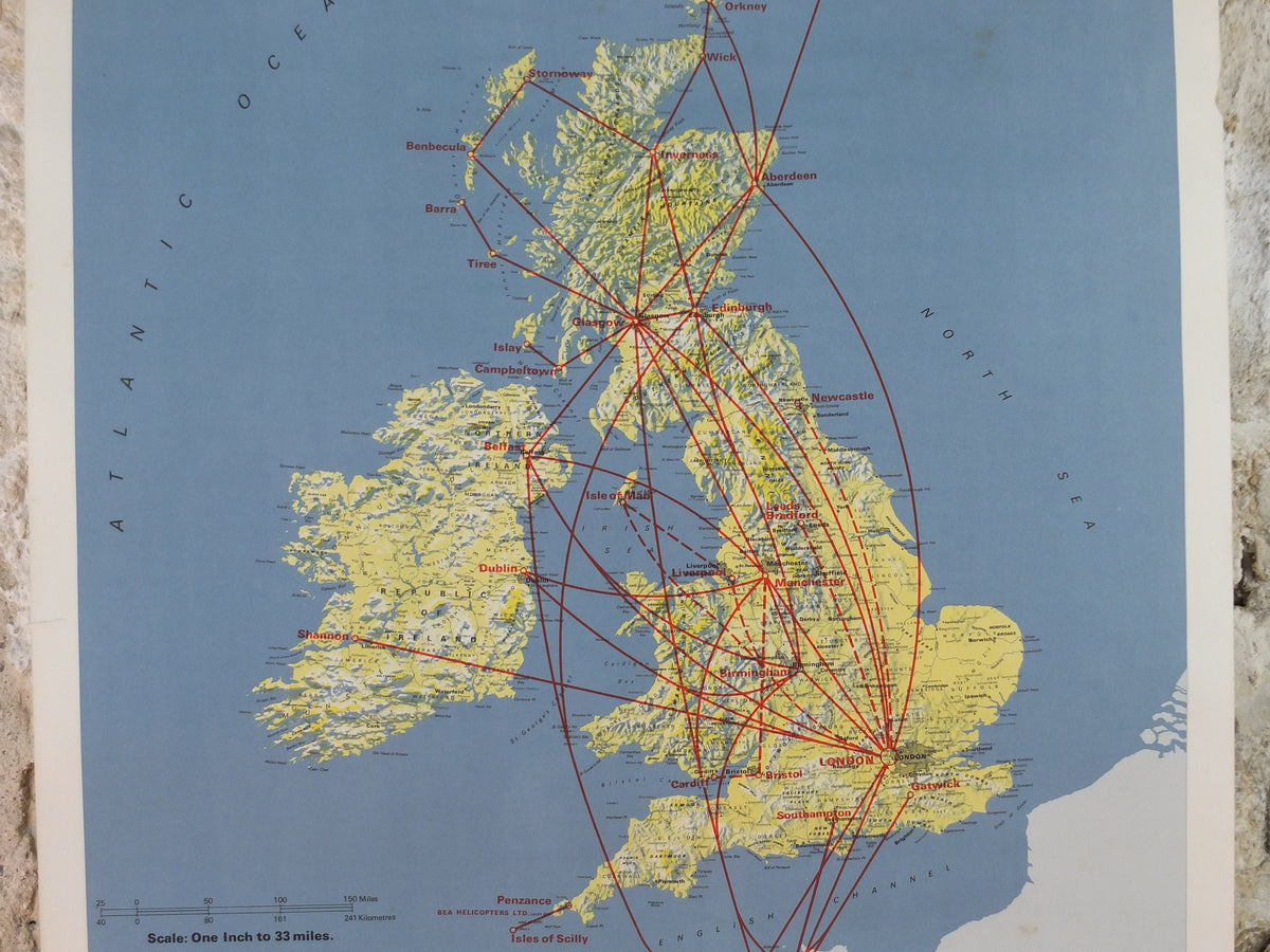 1967 BEA British Isles Route Map Poster, British European Airways, Original Vintage Summer 1967, air travel tourism, wall art retro decor