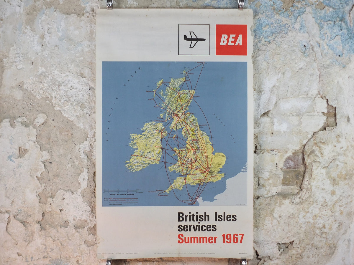 1967 BEA British Isles Route Map Poster, British European Airways, Original Vintage Summer 1967, air travel tourism, wall art retro decor