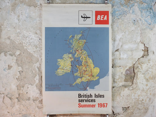 1967 BEA British Isles Route Map Poster, British European Airways, Original Vintage Summer 1967, air travel tourism, wall art retro decor