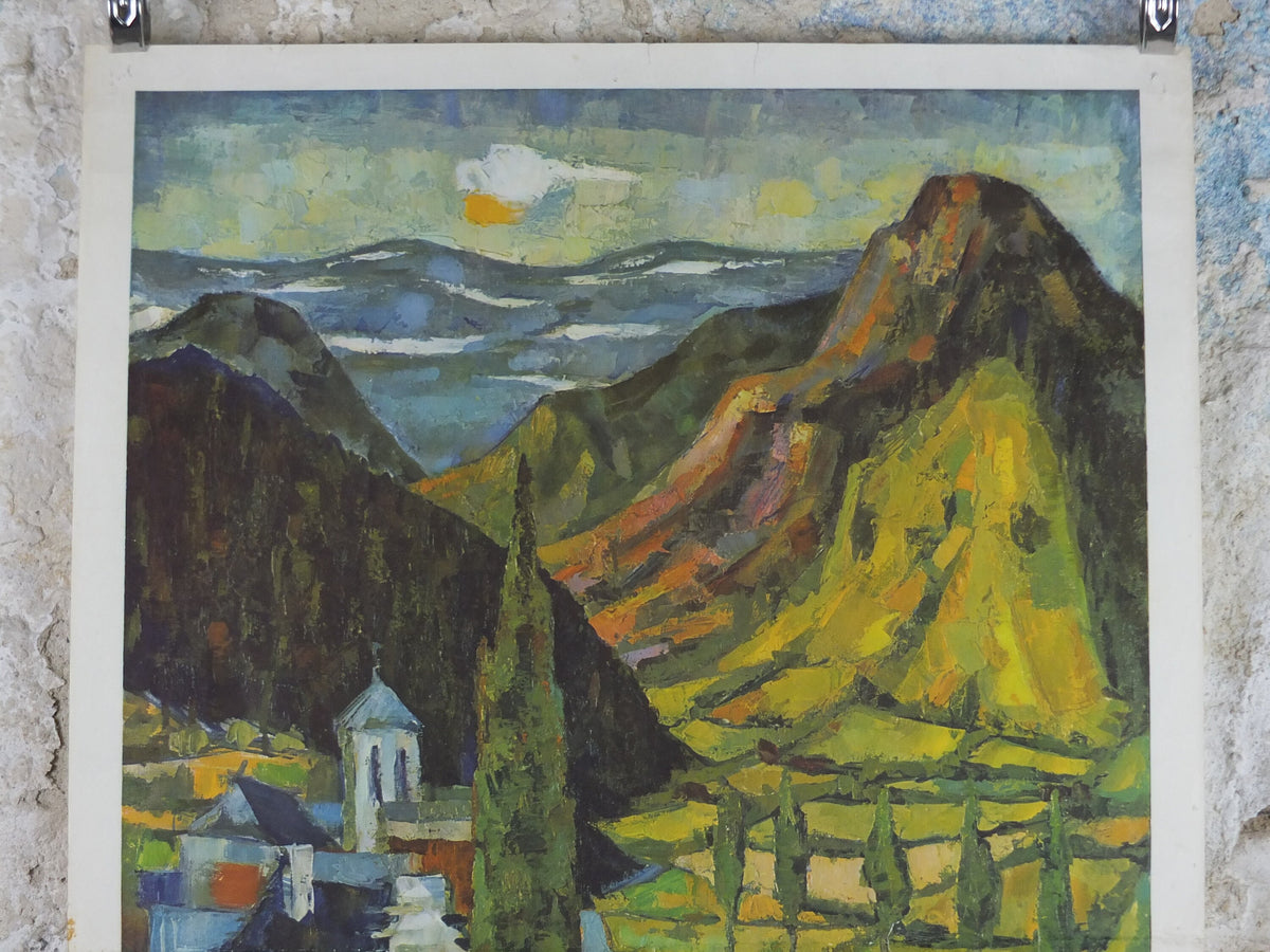1964 SNCF Pyrenees Poster, southern French mountain landscape, by Gerard Cabet, wall art retro decor
