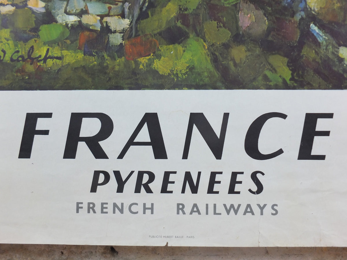 1964 SNCF Pyrenees Poster, southern French mountain landscape, by Gerard Cabet, wall art retro decor
