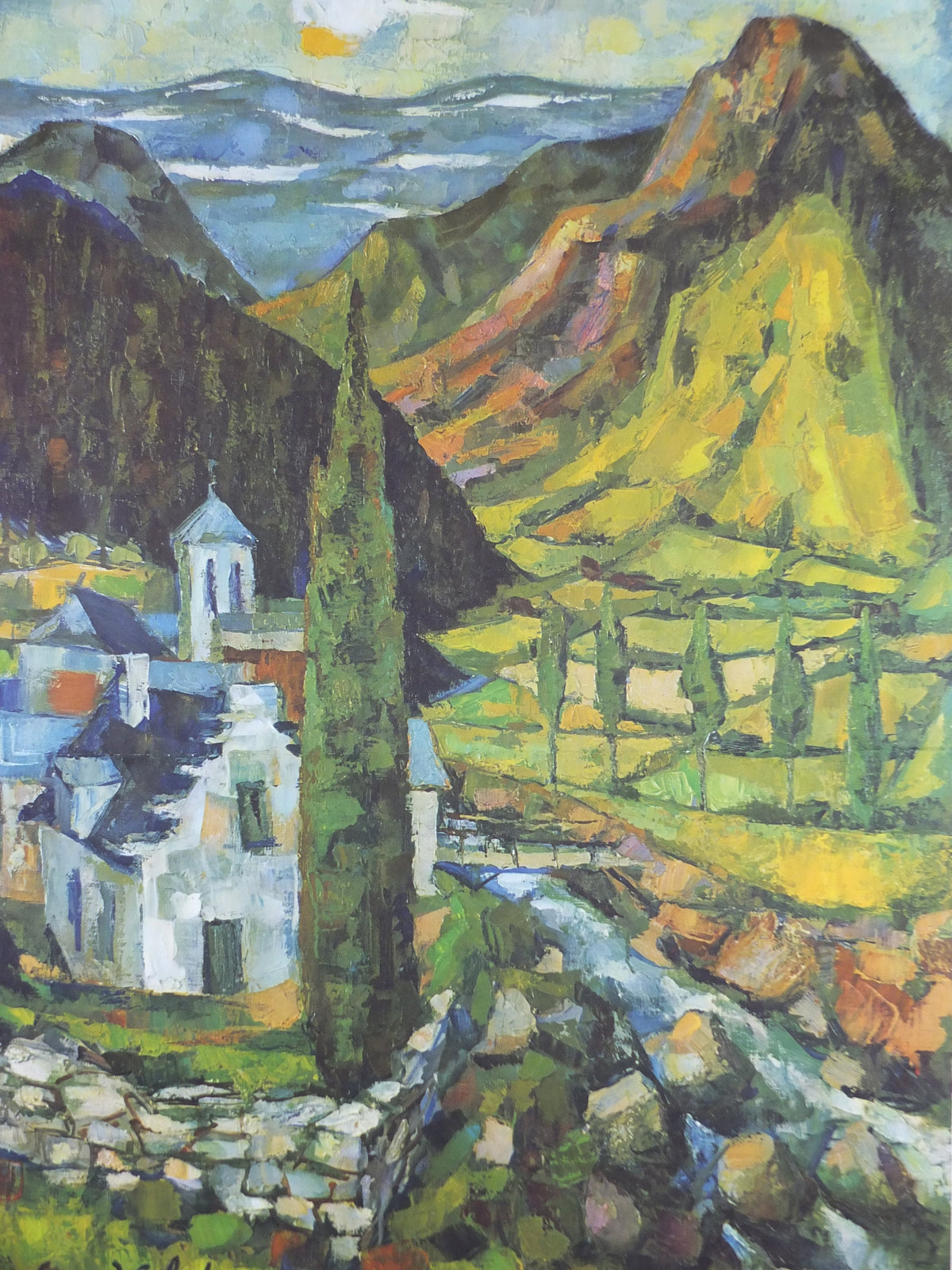 1964 SNCF Pyrenees Poster, southern French mountain landscape, by Gerard Cabet, wall art retro decor