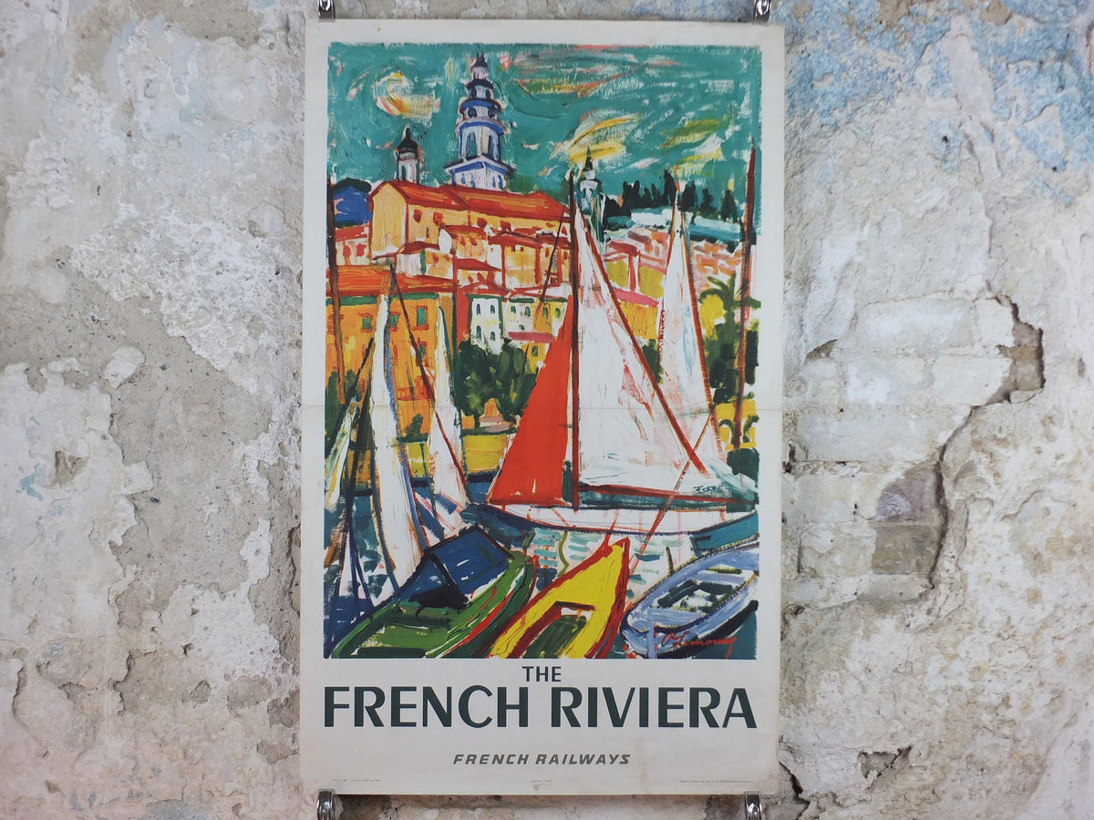 1965 SNCF Cote d'Azur Poster, French Riviera travel poster from Côte d'Azur, by Roger Marcel Limouse, wall art retro decor