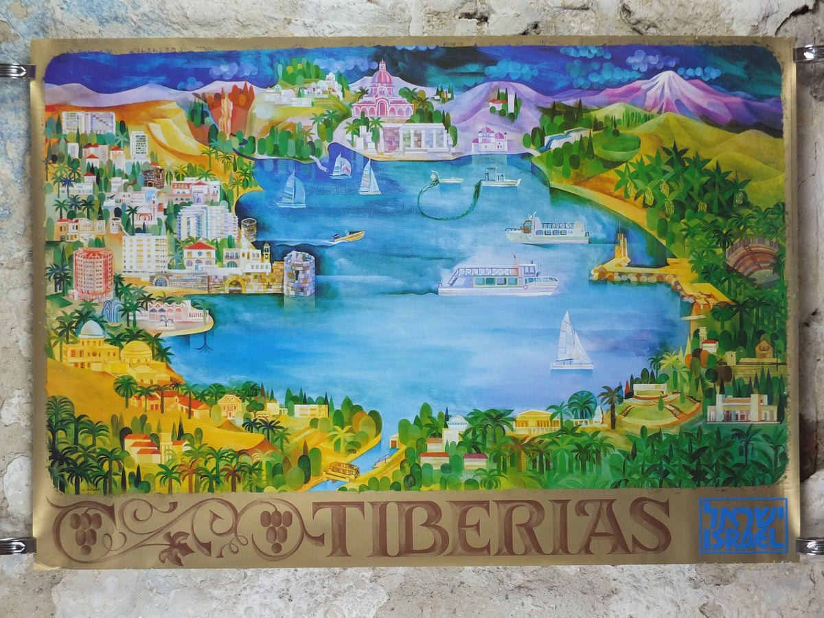 1981 Tiberias Poster, The City and Sea of Galilee, by E Weishof, Travel tourism wall art decor