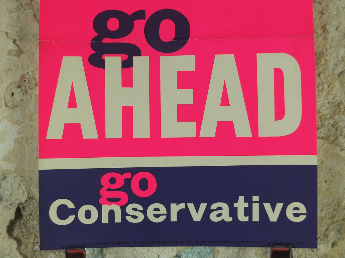 1962 Tory Conservative Party Poster, Go ahead, Go Conservative, Pink Purple Tory election campaigning, Political Propaganda wall art decor