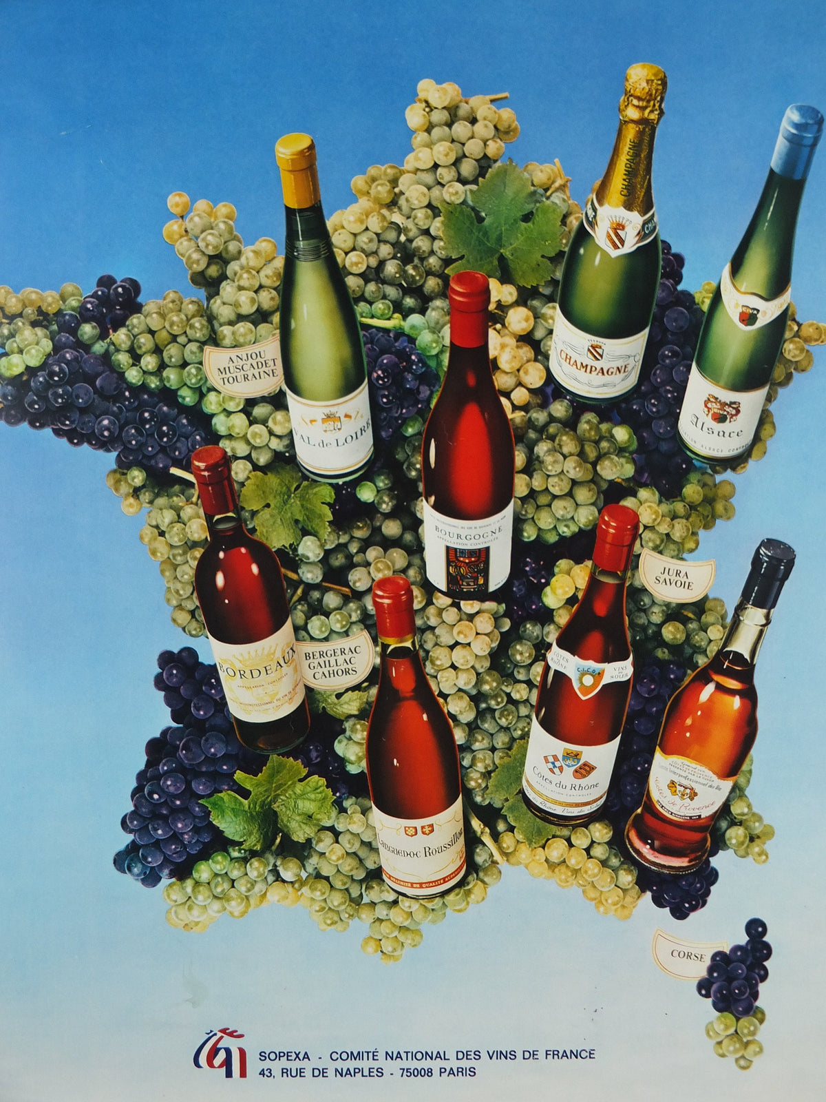 1974 Wines of France Poster, Types of French wines, Vins de France, advertising and marketing, Viticulture print wall art decor