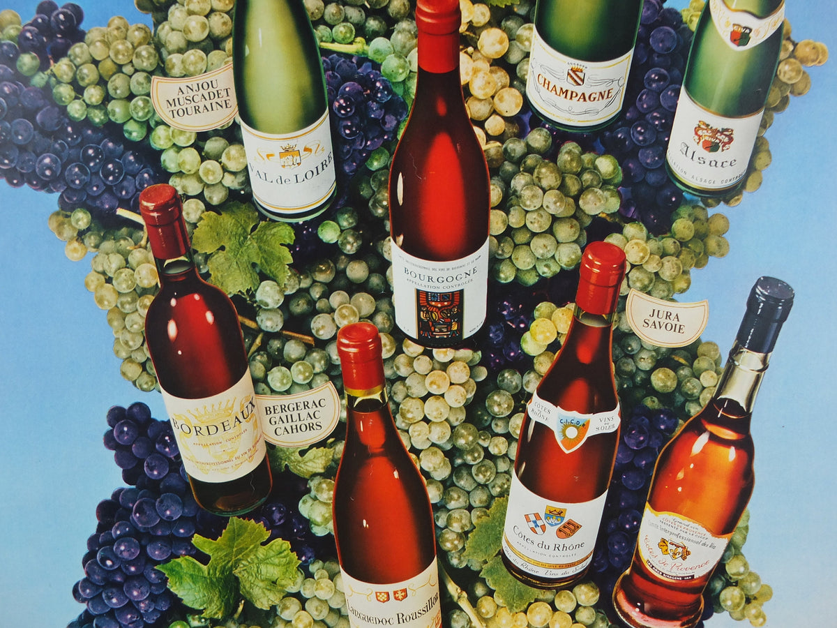 1974 Wines of France Poster, Types of French wines, Vins de France, advertising and marketing, Viticulture print wall art decor