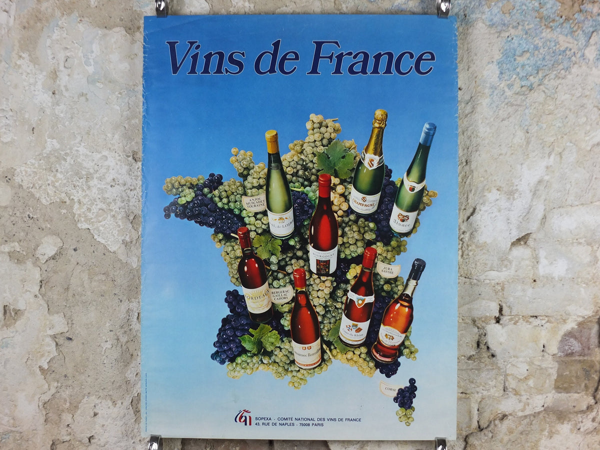 1974 Wines of France Poster, Types of French wines, Vins de France, advertising and marketing, Viticulture print wall art decor