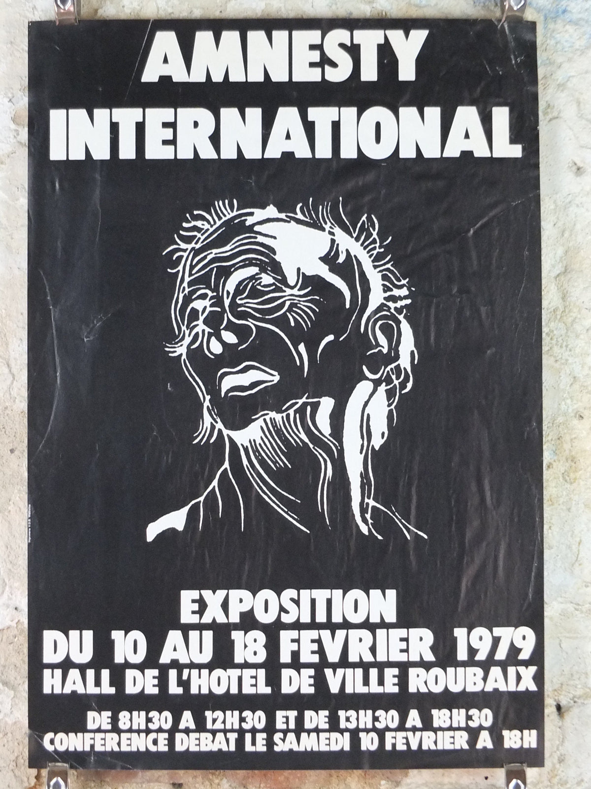1979 Amnesty International Poster, monochrome drawing white on black of a pained face, Human Rights, wall art decor