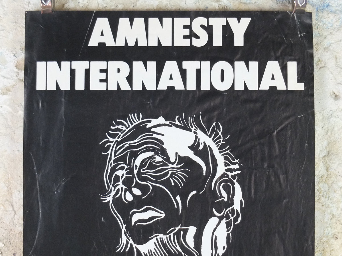 1979 Amnesty International Poster, monochrome drawing white on black of a pained face, Human Rights, wall art decor