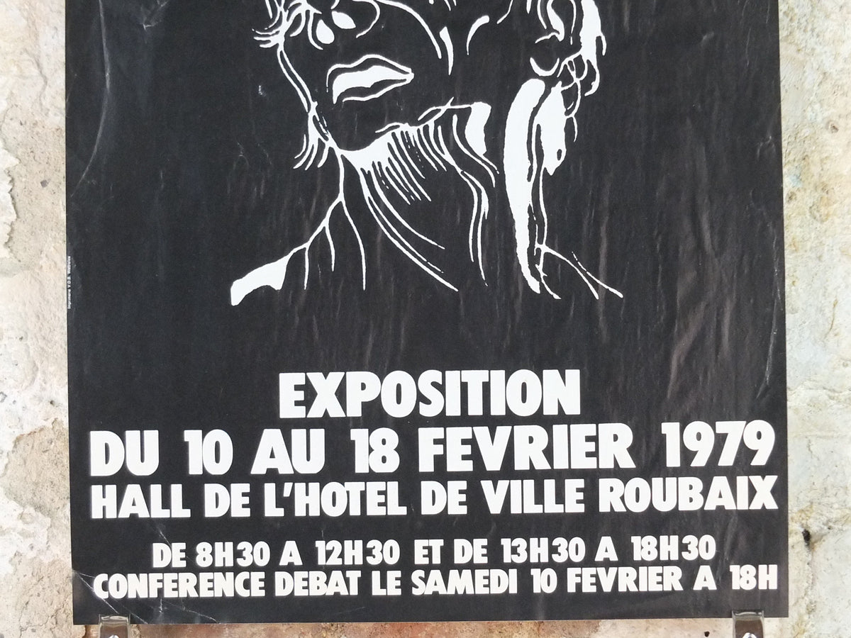 1979 Amnesty International Poster, monochrome drawing white on black of a pained face, Human Rights, wall art decor