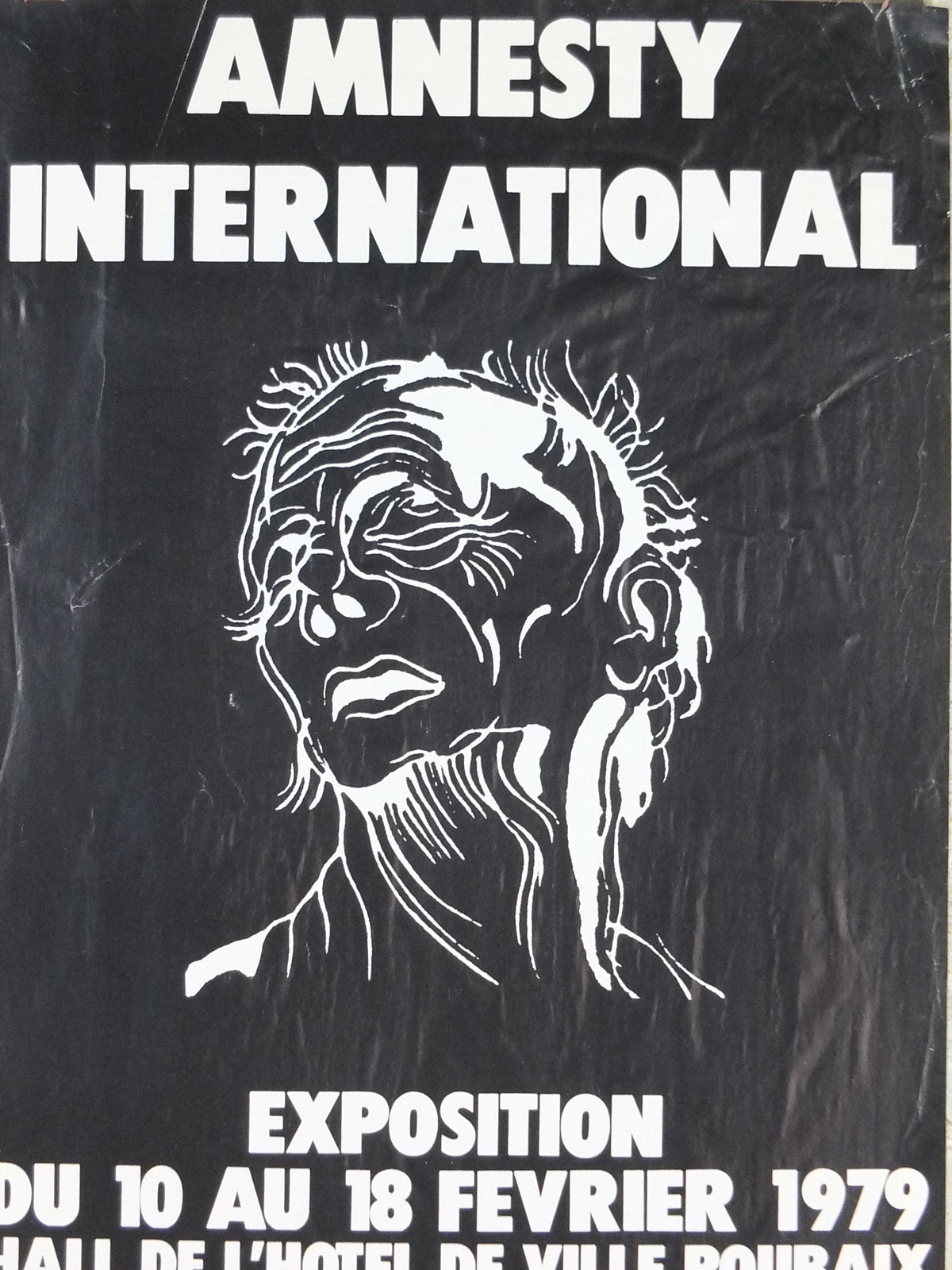 1979 Amnesty International Poster, monochrome drawing white on black of a pained face, Human Rights, wall art decor