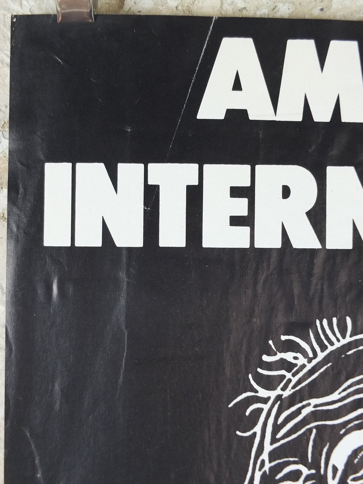 1979 Amnesty International Poster, monochrome drawing white on black of a pained face, Human Rights, wall art decor