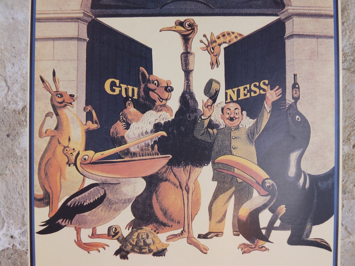 1990s Guinness St James Gate Poster, from Guinness Museum, By John Gilroy 1959, zookeeper with Guinness animals, Wall art decor