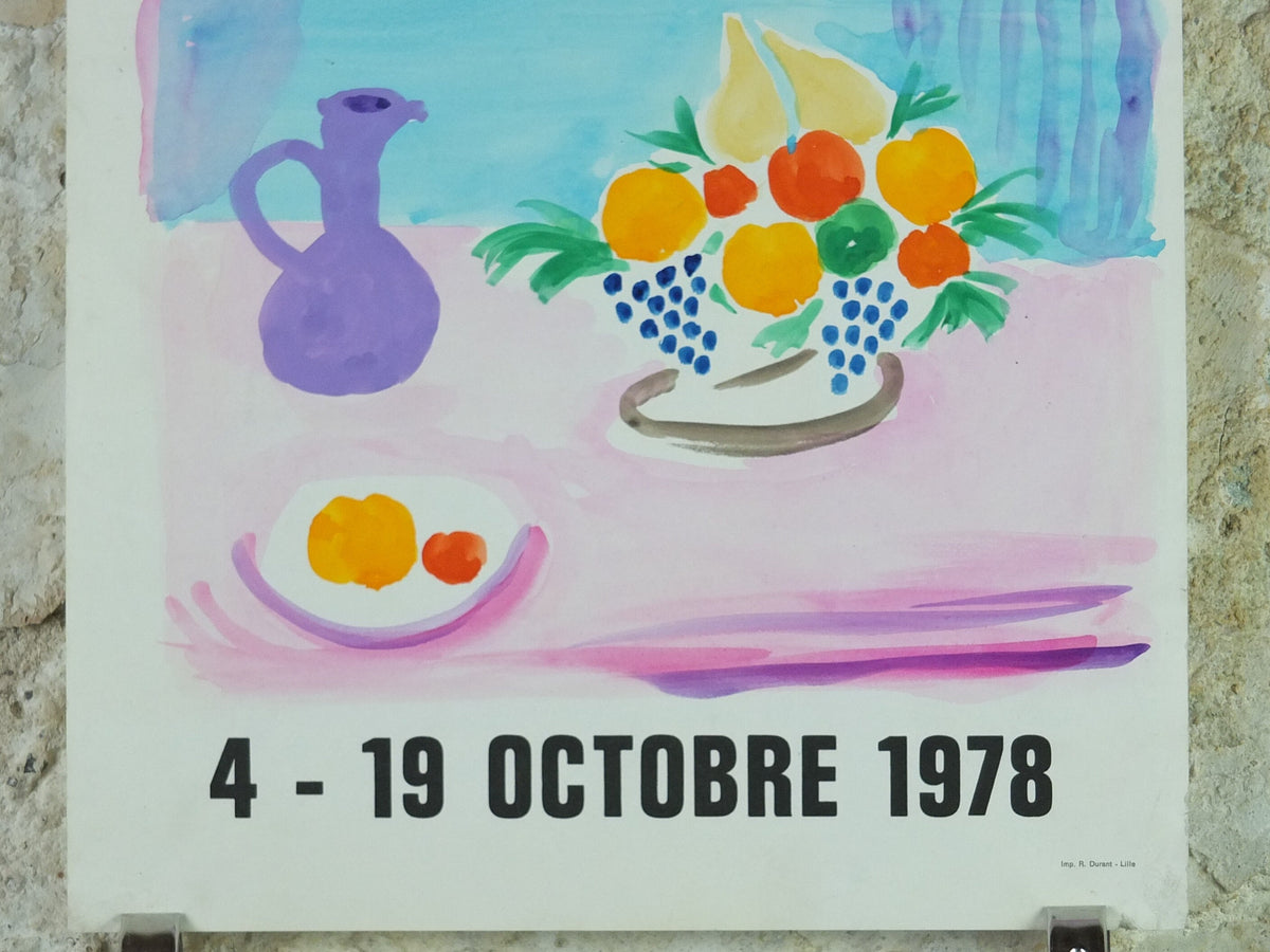 1978 Jean Williet Poster, still life with peaches and oranges, and grapes, artist gallery exhibition, wall art decor