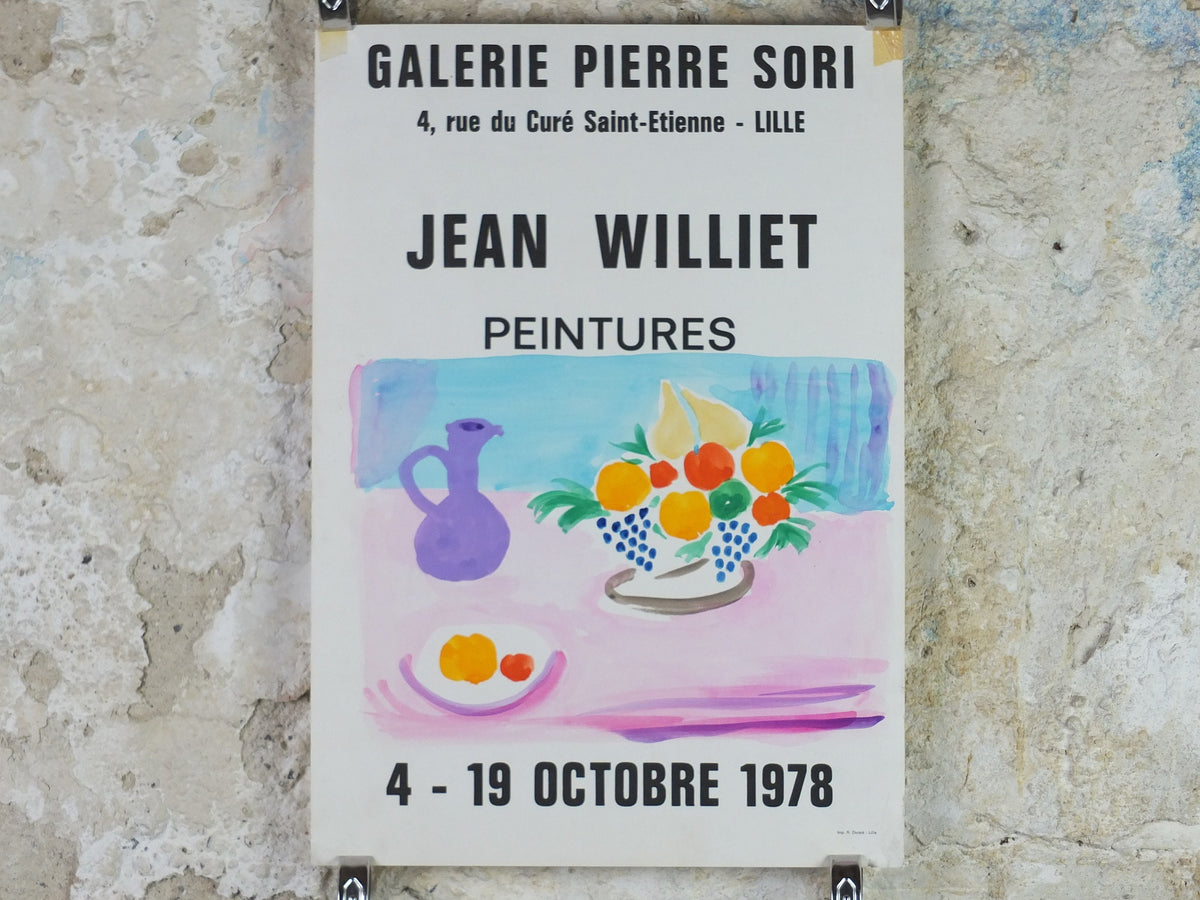 1978 Jean Williet Poster, still life with peaches and oranges, and grapes, artist gallery exhibition, wall art decor