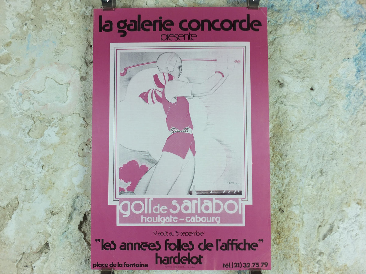 1970s Rene Vincent Poster, In Pink, Woman playing golf at Saralabot c1930, Art Deco Nouveau neoclassical, gallery exhibition, wall art decor