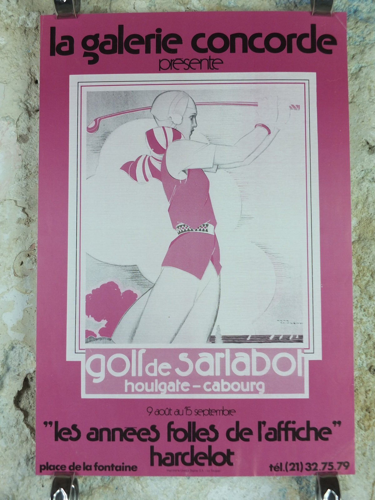 1970s Rene Vincent Poster, In Pink, Woman playing golf at Saralabot c1930, Art Deco Nouveau neoclassical, gallery exhibition, wall art decor