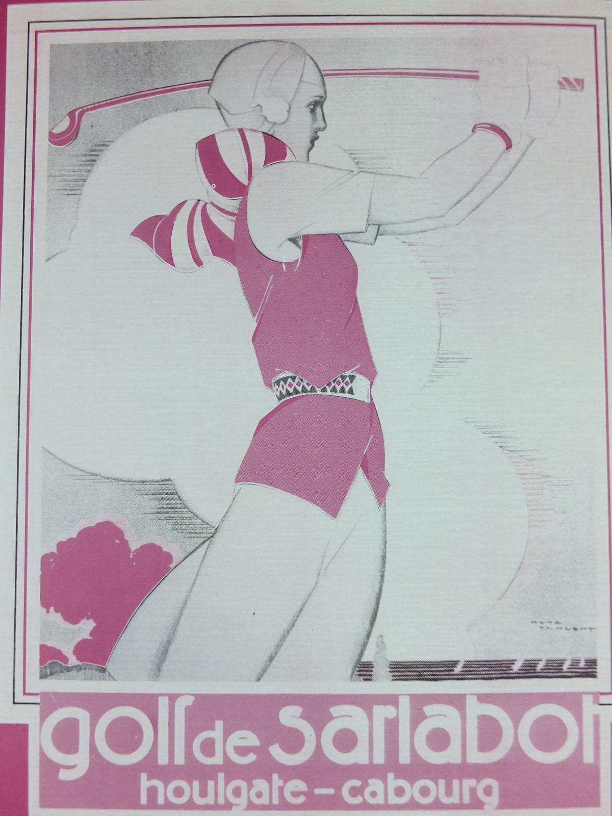 1970s Rene Vincent Poster, In Pink, Woman playing golf at Saralabot c1930, Art Deco Nouveau neoclassical, gallery exhibition, wall art decor