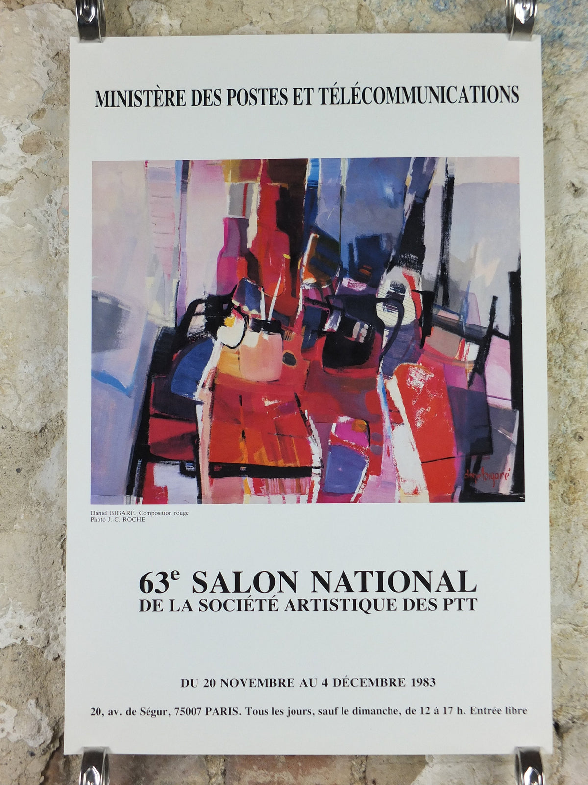 1983 Daniel Bigare Poster, Composition Rouge, Ministry of Post and Communications, Paris, artist gallery exhibition, wall art decor
